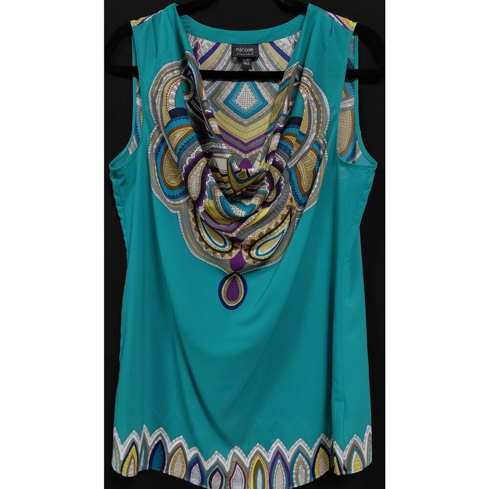 LR9 nicole by nicole miller Sleeveless Top Teal Graphic Print Women Size L/G